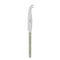 Cheese knife with green handle and dusty green blade on a white background