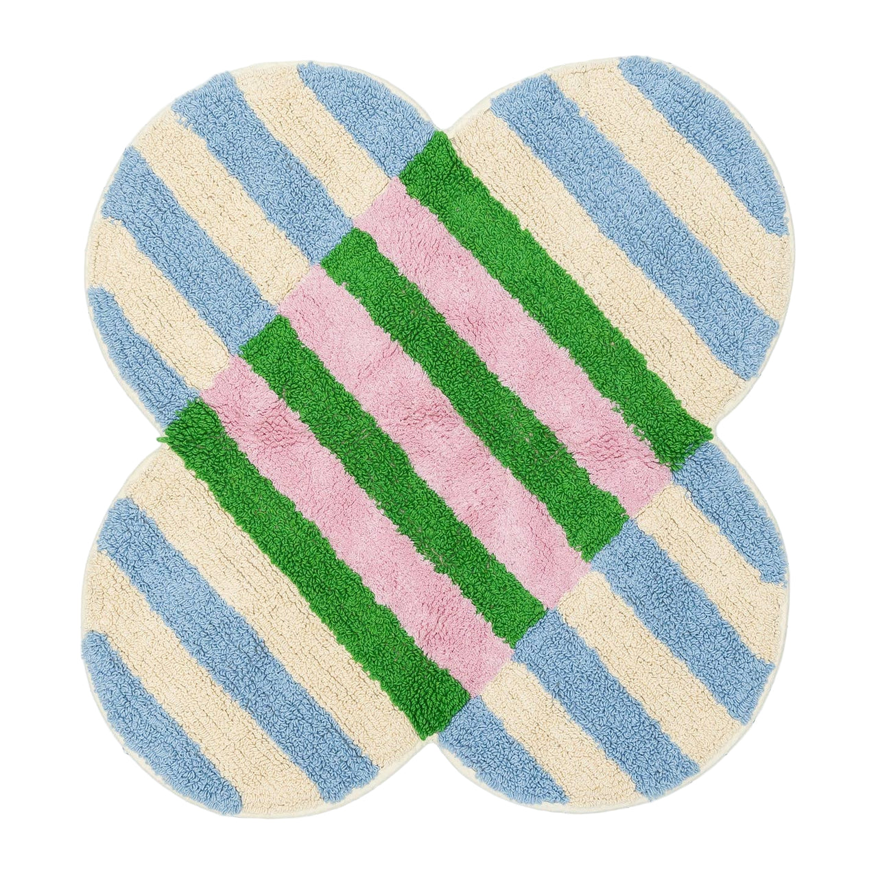 Clover-shaped bath mat with pastel color pattern on a grid background
