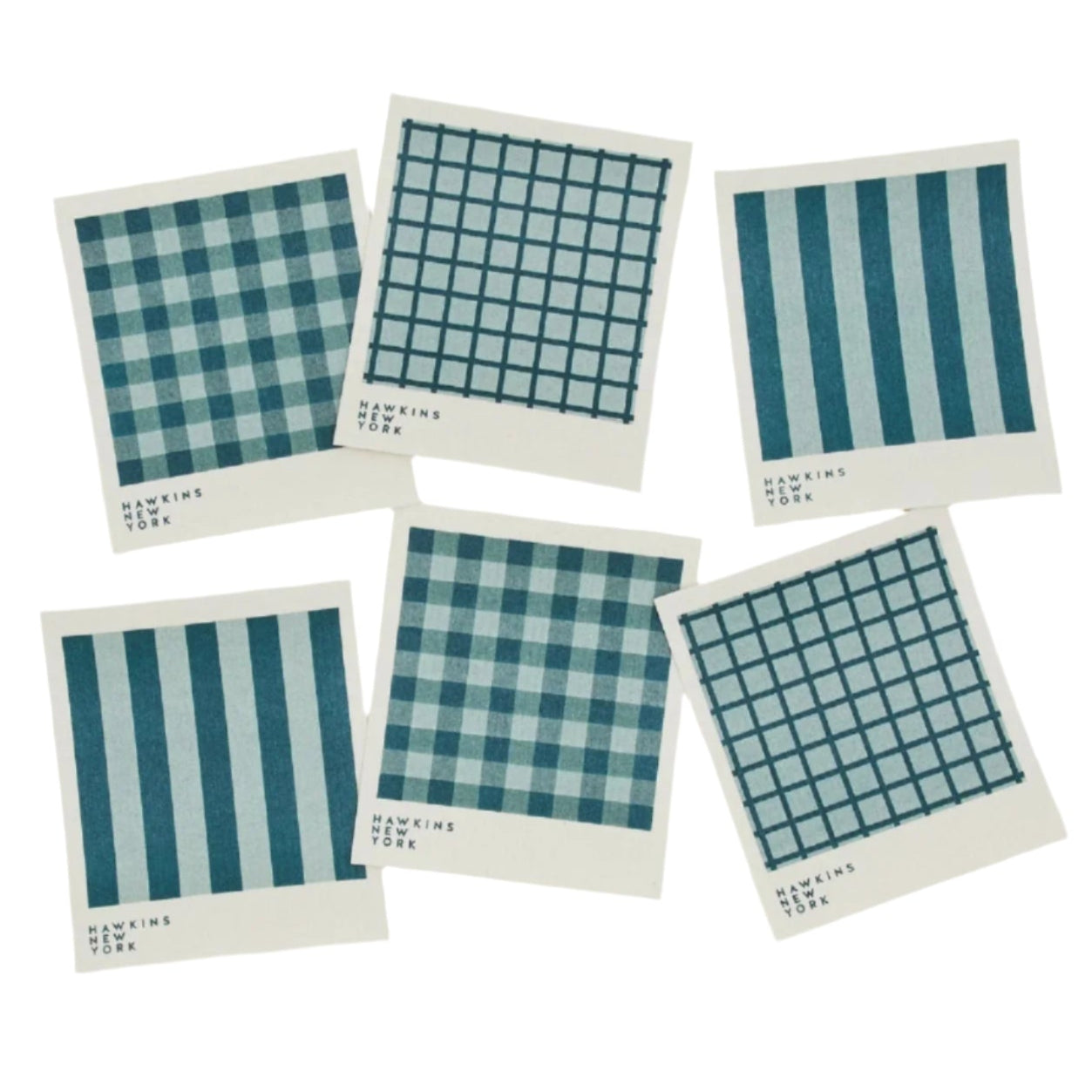 Set of six fabric swatches with blue and green plaid and stripe patterns on a beige background.