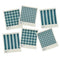 Set of six fabric swatches with blue and green plaid and stripe patterns on a beige background.