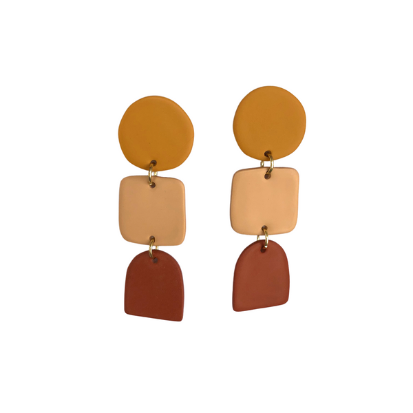 Clay Geometric Tricolor Earrings, Mustard/Rust