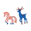 A pink horse with orange and blue decorative details, and a blue deer with brown antlers and blue hooves.