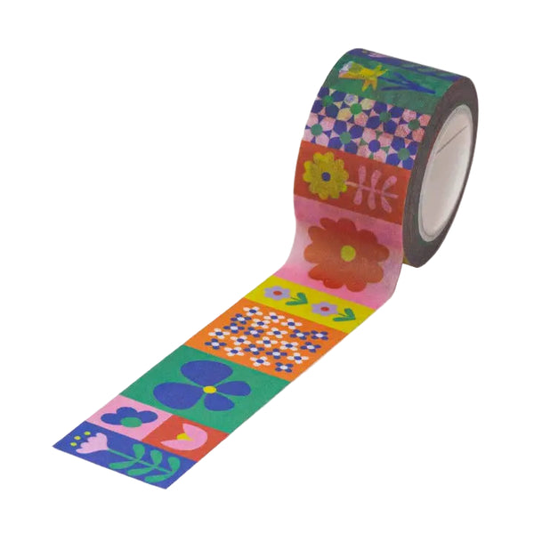 Colorful, floral patterned tape roll on a white background