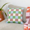 Checkered pillow on a couch with a plant and blanket in the background