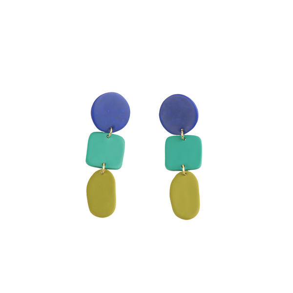Clay Geometric Tricolor Earrings, Blues/Greens