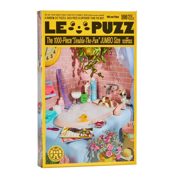 LE PUZZ puzzle box with a colorful illustration of a bathroom scene on a yellow background