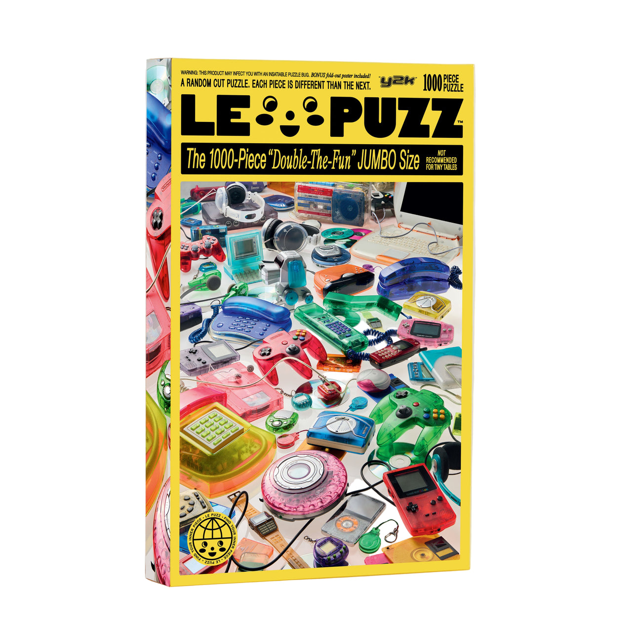 LE PUZZ puzzle box with colorful retro electronic devices on a white background