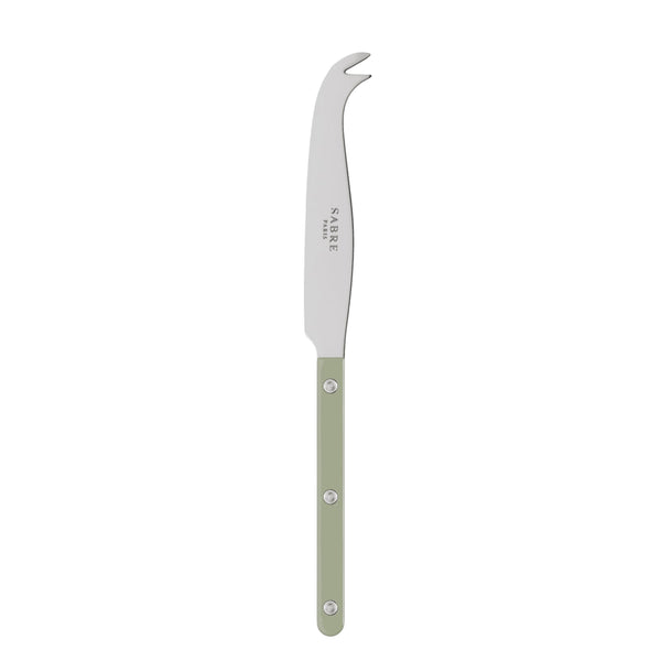 Cheese knife with green handle and dusty green blade on a white background