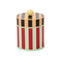 Colorful striped cylindrical container with a yellow knob on a beige background