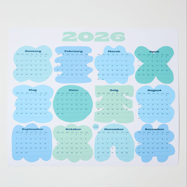 2026 calendar with blue and green gradient design on a white background