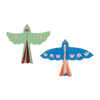 Two decorative cardboard bird-shaped ornaments or cutouts on a plain white background. One is light green with pink and dark red details, and the other is blue with pink and orange details.