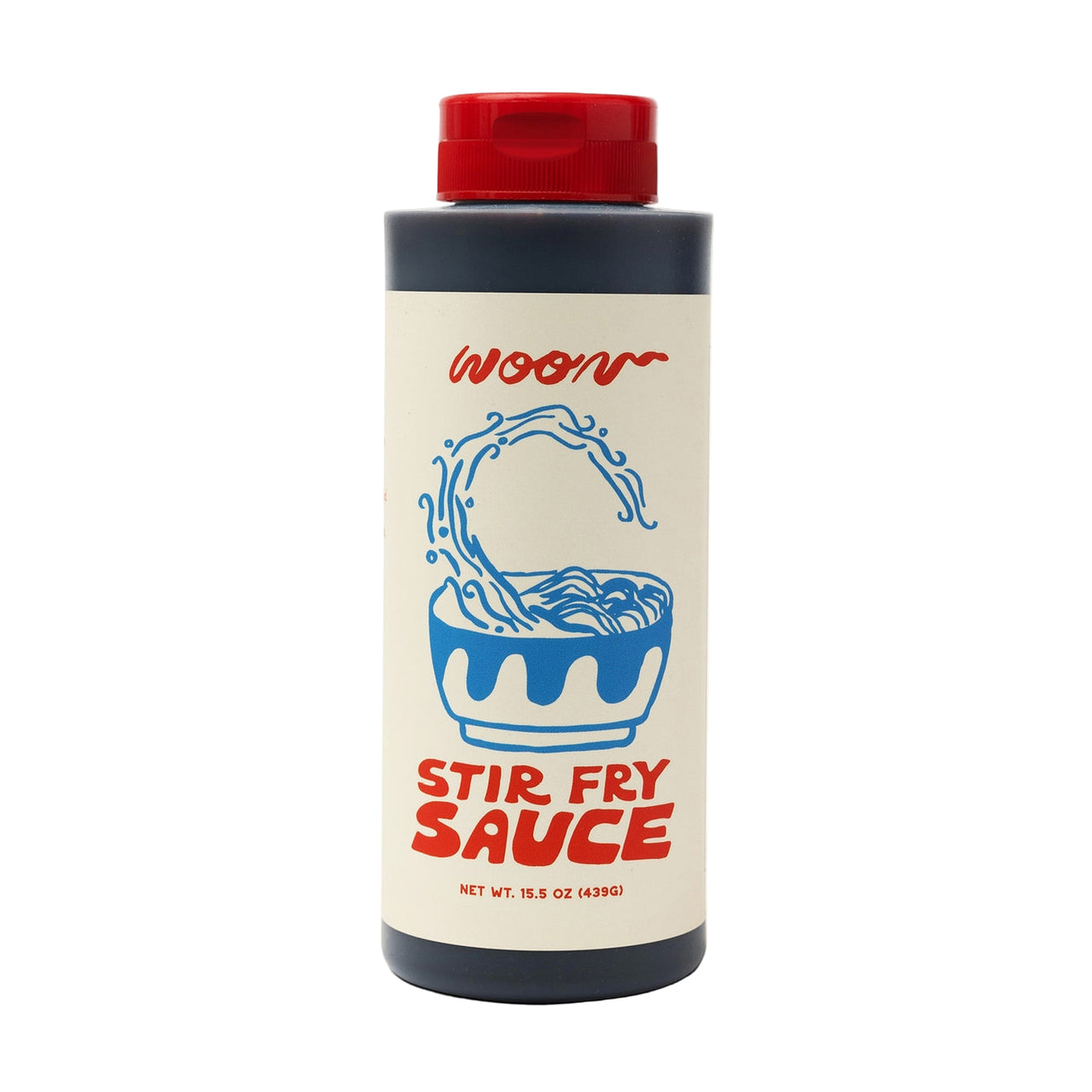 Bottle of Woon Stir Fry Sauce with red cap and label on a white background