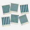 Set of six fabric swatches with blue and green plaid and stripe patterns on a beige background.